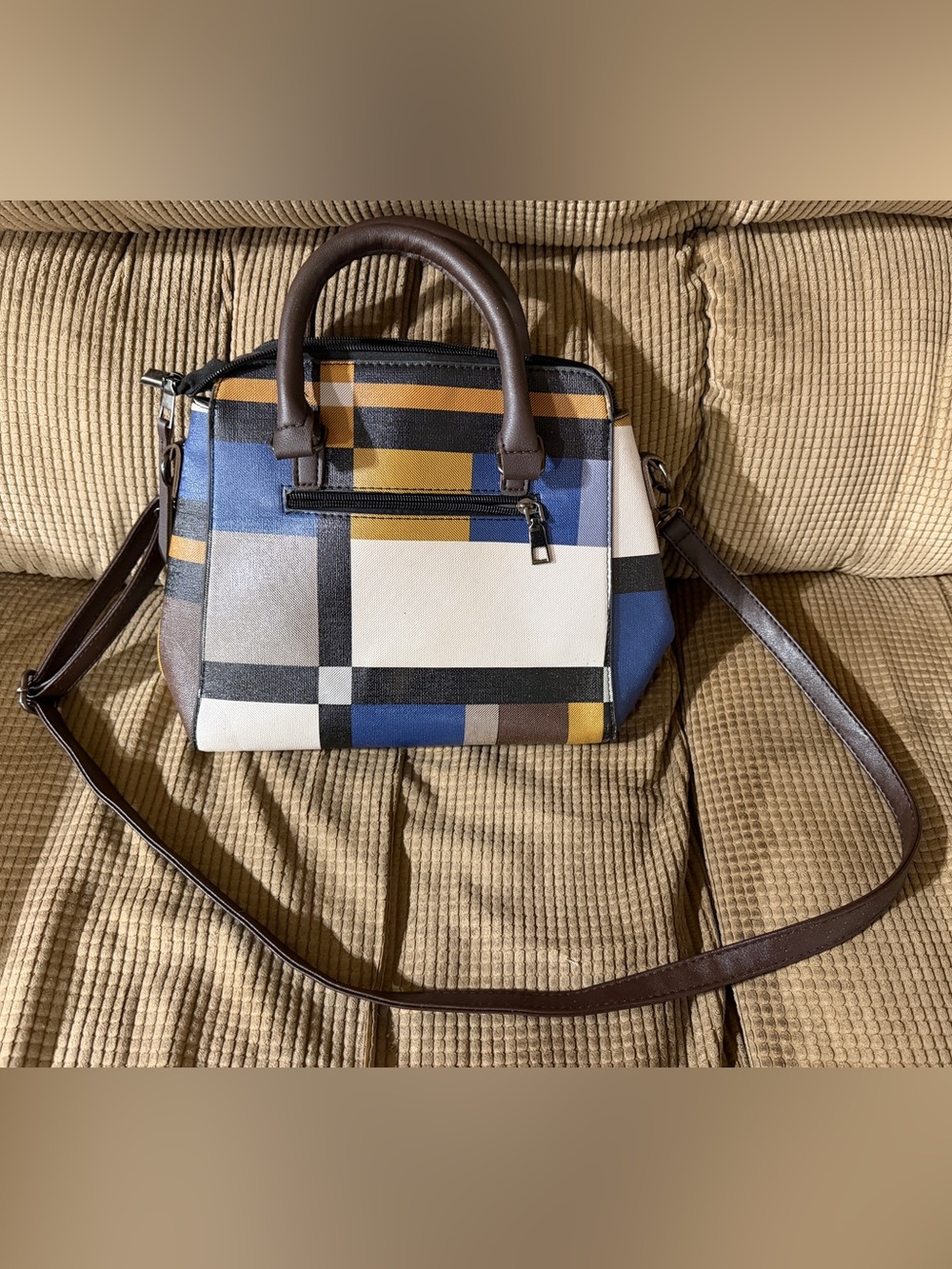 Women’s Geometric Print Satchel Handbag - Brown Trim, Blue & Mustard Accents